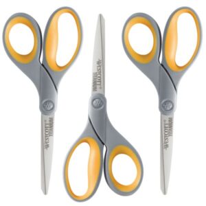 westcott 8” titanium scissors, pointed, yellow/gray, set of 3 scissors